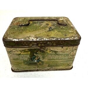 Vintage Metal Tin Trinket Box Treasure Chest Hinged Lid & Handle Multiple Scenes